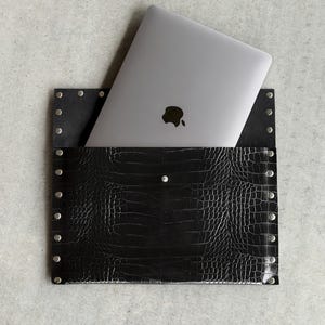 Handmade Croc Embossed Faux Leather Laptop Sleeve, Rivet Detail MacBook Case