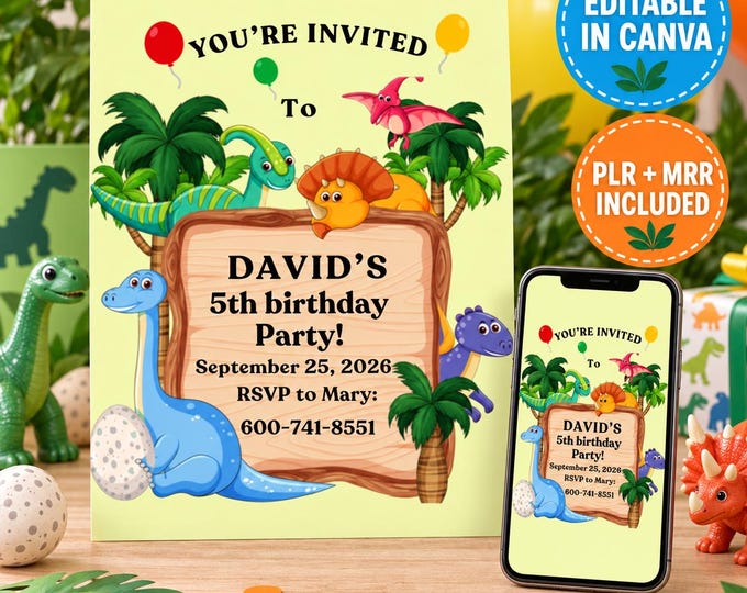 Editable Dinosaur Birthday Invitation Canva Template Printable Digital Party Invite Instant Download