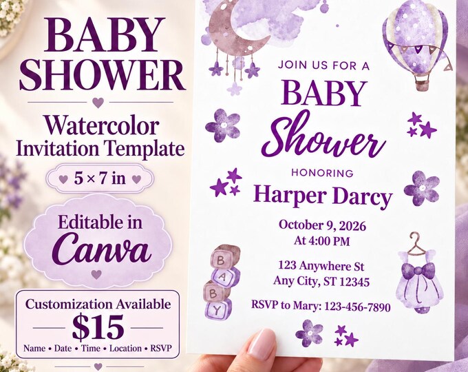 Purple Watercolor Baby Shower Invitation Template (Editable Canva)