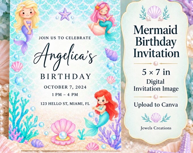 Mermaid Birthday Digital Invitation | Canva Template, PLR & MRR License (Editable and Instant Download)