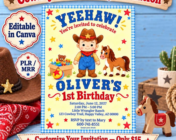 Cowboy Birthday Invitation Editable Canva Template PLR and MRR