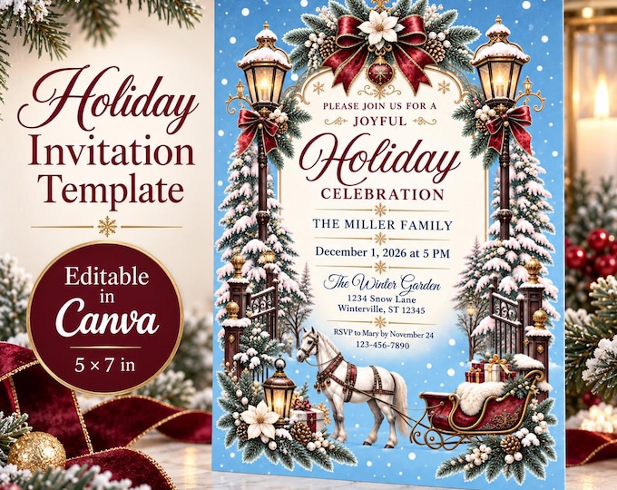 Christmas Party Invitation Editable Canva Template Digital Printable PLR MRR with Free Gift Labels