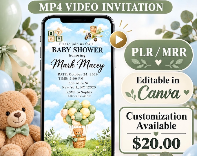 Teddy Bear Baby Shower, MP4 Animated Editable Canve Template