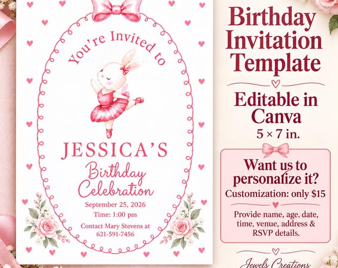 Ballerina Bunny Birthday Invitation - PLR & MRR | Editable Canva Template