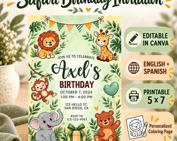 Safari Birthday Invitation Template Editable Canva Invite. PLR | MRR Commercial Use and  Instant Download.