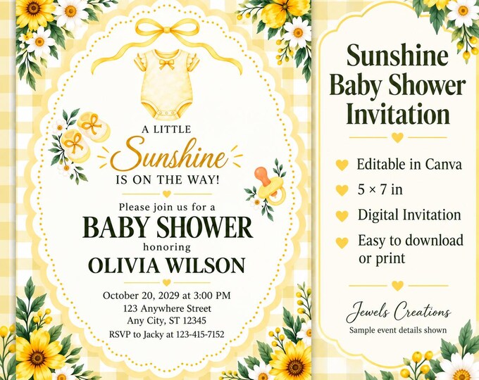 Sunshine Baby Shower Invitation, Yellow Gingham Editable Canva Template