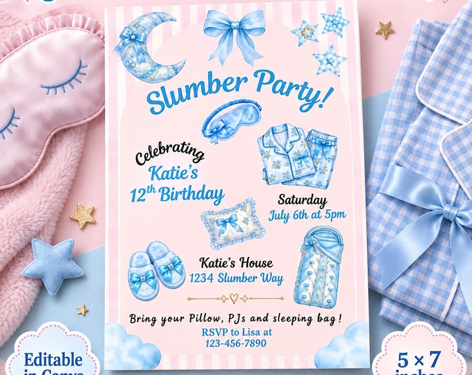 Editable Slumber Party Invitation Bundle | Pink Blue Pajama Party Kit (Digital Download)
