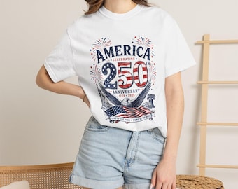 Camiseta comemorativa do 250º aniversário da bandeira americana | Camiseta patriótica com fogos de artifício dos EUA