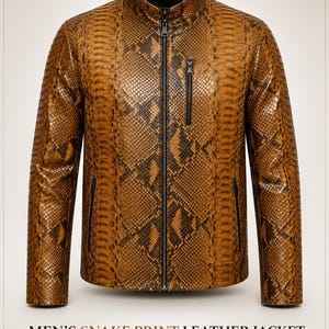 Men's Snake Print Leather Jacket, Brown Exotic Biker Jacket, Slim Fit Motorcycle Coat, Python Pattern Leather Jacket, Gift for Him