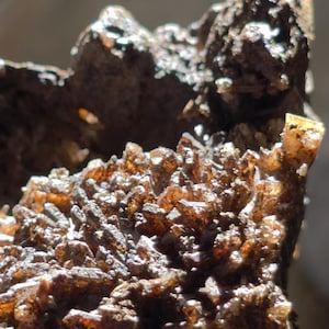 May include: A raw mineral specimen featuring a cluster of dark brown, translucent, needle-like crystals protruding from a rough, matte, dark brown rock matrix. The crystalline surface catches the light, highlighting sharp, jagged edges.