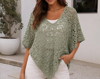 Crochet Poncho Pattern PDF  Lace Crochet Top Pattern  V Neck Boho Summer Poncho  Easy Crochet Cover Up  Sizes S-XXXL