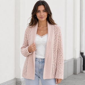 Knit Jacket Pattern PDF, Lace Cardigan Shawl Collar, Long Knit Duster Pattern, Open Front Cardigan, Summer Knit Jacket, Easy Lace Knitting