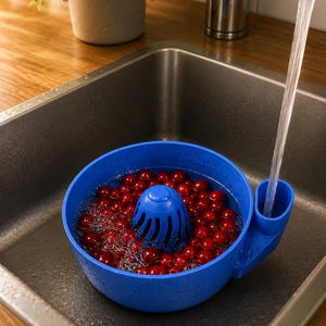 Può includere: Uno scolapasta in plastica blu con una colonna di drenaggio centrale e un beccuccio laterale, riempito di mirtilli rossi immersi nell'acqua. La ciotola è posizionata in un lavello in acciaio inox mentre l'acqua scorre dal rubinetto nel beccuccio.