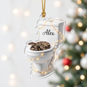 May include: A clear acrylic hanging ornament shaped like a white toilet with a brown and black patterned snake coiled inside the bowl. The name Alex is printed in black script on the tank, and thin gold string lights wrap around the entire piece.