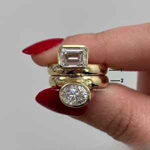 Offset Bezel Setting Diamond Ring, East To West Oval Cut Moissanite Ring, 8x6mm Emerald Moissanite Solitaire Ring, Gold Plated Wedding Ring