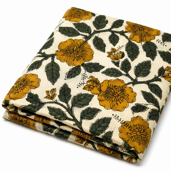 Tecido de algodão floral amarelo mostarda vendido por metro | Tecido com estampa botânica vintage