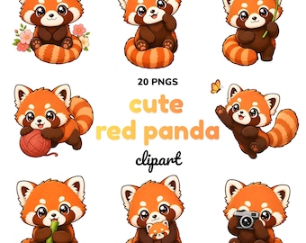Kawaii Red Panda Clipart PNG Pack, Chibi Sticker Graphics (Commercial Use)