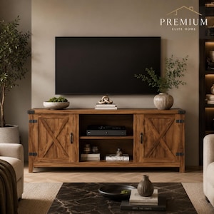 May include: A rectangular wooden media console featuring two side cabinets with X-shaped detailing, black metal hinges, and vertical handles. The unit has an open center shelf containing electronic equipment and books, topped by a flat-screen television.