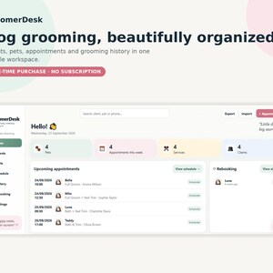 Puede incluir: Una interfaz de panel digital para el software GroomerDesk, que presenta una barra lateral de navegación, tarjetas de resumen para mascotas, citas, servicios y clientes, y una lista de próximas citas con fechas, horas y nombres de mascotas en un fondo blanco.