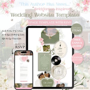 May include: A digital wedding website template displayed on a tablet and smartphone, featuring sage green and cream stationery elements, floral accents, butterflies, and text including "This Author Has News" and "5 PAGE TEMPLATE WITH RSVP".