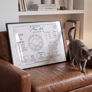 May include: A framed black and white astrological birth chart print titled Melissa Niles, featuring a central zodiac wheel, planetary positions, numerology data, and the text You Are The Universe In Human Form, resting on a brown leather chair.