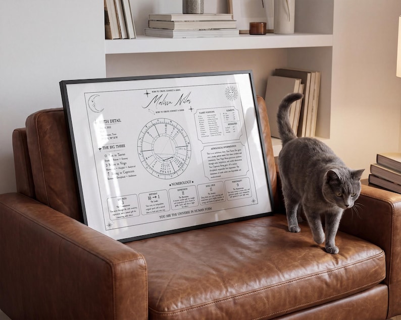 May include: A framed black and white astrological birth chart print titled Melissa Niles, featuring a central zodiac wheel, planetary positions, numerology data, and the text You Are The Universe In Human Form, resting on a brown leather chair.
