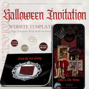 May include: A digital Halloween invitation website template for Canva featuring a gothic aesthetic. The design includes a 4-page layout with a built-in guest details form, custom features, and music integration options, displayed on a tablet and smartphone.