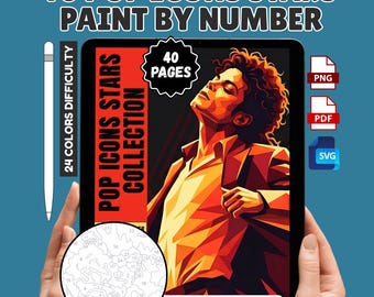 Libro misterioso para colorear por números, 40 estrellas del pop mundial, PDF para colorear para adultos, descarga instantánea.
