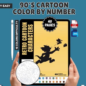 Pode incluir: Um livro de atividades digital de colorir por números intitulado 90's Cartoon Color by Number com 40 páginas de personagens de desenhos animados retro. A capa apresenta um fundo amarelo com a silhueta preta de um gato a perseguir um rato, ícones PDF e SVG, e um detalhe circular que mostra secções numeradas para colorir.