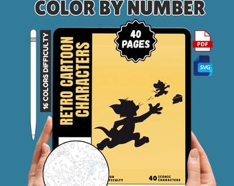 Libro de colorear por números con dibujos animados retro, 40 personajes fáciles, PDF para colorear para adultos, descarga instantánea.