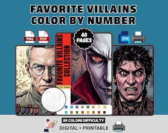 Favorite Villains Color by Number | 40 Villains Pages | Adult Coloring Book PDF | Digital Download
