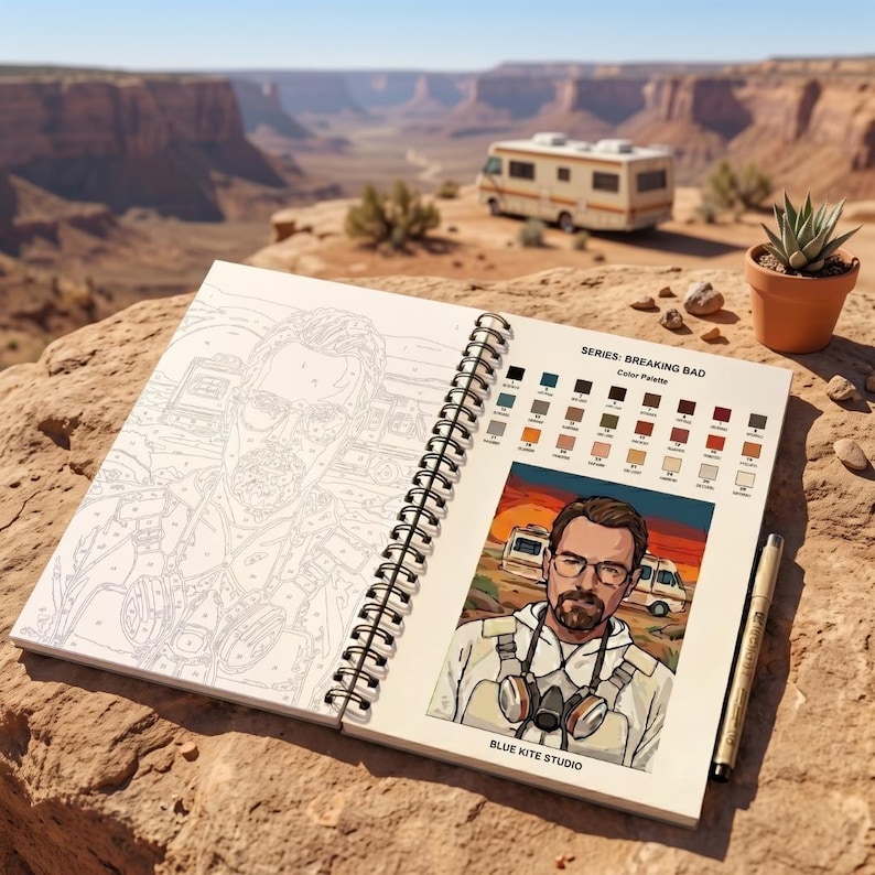 Puede incluir: Un libro de pintar por n&uacute;meros con espiral y tem&aacute;tica de Breaking Bad. La p&aacute;gina izquierda muestra un dibujo lineal, mientras que la derecha presenta una ilustraci&oacute;n en color de un hombre con gafas y m&aacute;scara, junto a una paleta de colores.