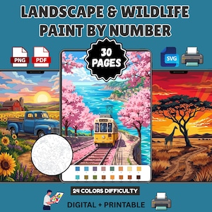 以下が含まれることがあります： LANDSCAPE & WILDLIFE PAINT BY NUMBERというタイトルのデジタル数字塗り絵セットで、PNG、PDF、SVG形式の30ページが含まれています。画面にはカラフルなシーンが描かれた3台のタブレット、カラーパレット、および24 COLORS DIFFICULTYというテキストが表示されています。