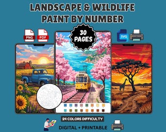 Paint by Number Book, 30 Landscape Wildlife Pages (PDF PNG SVG)