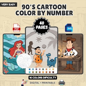 レトロ漫画の数字で色塗りブック、40種類の簡単なキャラクター、大人の塗り絵（PDF）、即時ダウンロード