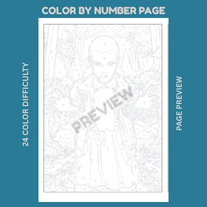 Puede incluir: Una p&aacute;gina de colorear por n&uacute;meros con una ilustraci&oacute;n de l&iacute;neas de una persona de pelo corto con camisa de cuello y falda, con las manos extendidas en un entorno forestal. El texto dice COLOR BY NUMBER PAGE, 24 COLOR DIFFICULTY, PAGE PREVIEW.