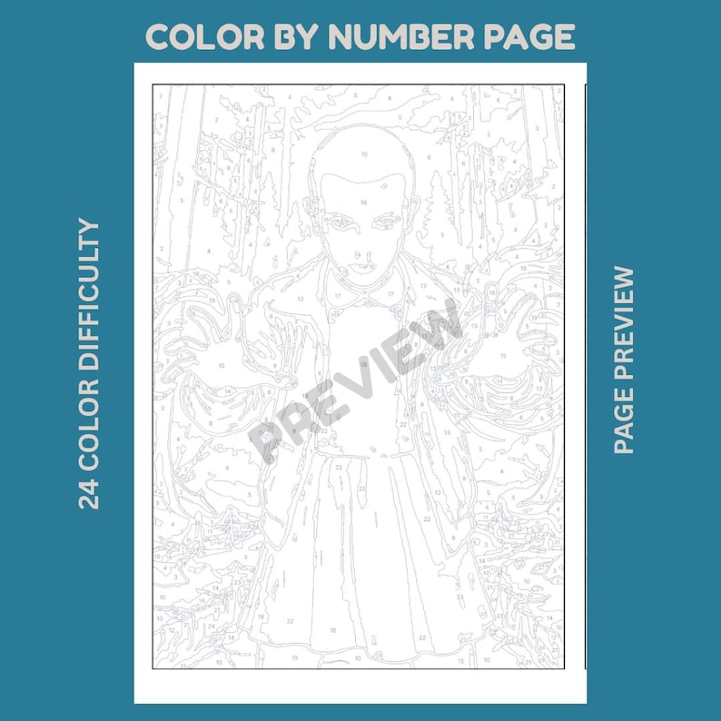 Puede incluir: Una p&aacute;gina de colorear por n&uacute;meros con una ilustraci&oacute;n de l&iacute;neas de una persona de pelo corto con camisa de cuello y falda, con las manos extendidas en un entorno forestal. El texto dice COLOR BY NUMBER PAGE, 24 COLOR DIFFICULTY, PAGE PREVIEW.