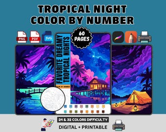 Paint by Number Printable PDF | Dreamy Tropical Nights Starlit Beach Landscape | Adult Coloring Book SVG PNG | Procreate Coloring Pages