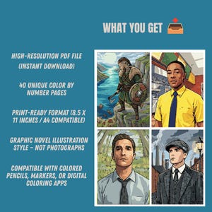 Puede incluir: Una colecci&oacute;n digital de 40 p&aacute;ginas para colorear por n&uacute;meros con estilo de novela gr&aacute;fica. El conjunto incluye archivos PDF de alta resoluci&oacute;n en formato A4, con ilustraciones de personajes como un vikingo y hombres con camisa o traje.