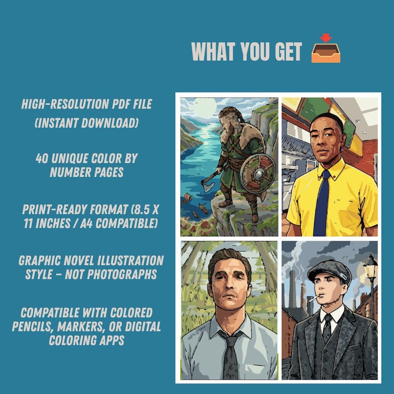 Puede incluir: Una colecci&oacute;n digital de 40 p&aacute;ginas para colorear por n&uacute;meros con estilo de novela gr&aacute;fica. El conjunto incluye archivos PDF de alta resoluci&oacute;n en formato A4, con ilustraciones de personajes como un vikingo y hombres con camisa o traje.