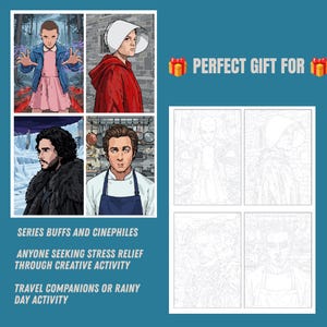 Puede incluir: Un conjunto de cuatro retratos de personajes ilustrados que muestran a una persona joven con vestido rosa, una persona con capa roja, una persona de pelo oscuro con abrigo de piel y una persona con uniforme de chef, junto a cuatro dibujos para colorear.