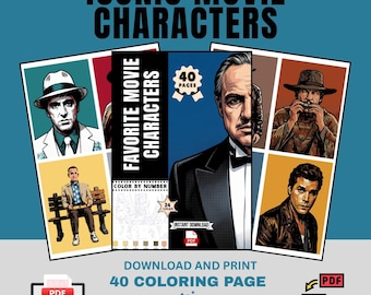 Libro para colorear por números con personajes icónicos del cine, 40 páginas de arte cinematográfico (descarga digital).