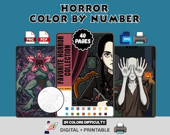 Libro para colorear por números de series de terror / Libro para colorear para adultos con 40 páginas / Descarga digital imprimible para regalo de Halloween en formato PDF