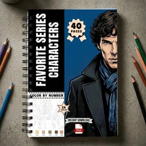 Puede incluir: Un libro para colorear de espiral titulado Favorite Series Characters Color By Number, con 40 p&aacute;ginas y una ilustraci&oacute;n gr&aacute;fica de un hombre con abrigo oscuro y bufanda azul. La portada incluye una paleta de 24 colores y un icono PDF.