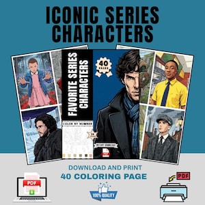 Puede incluir: Un libro de colorear digital titulado Iconic Series Characters con 40 p&aacute;ginas de ilustraciones. La portada muestra varios personajes, incluyendo una persona con vestido rosa, un hombre con abrigo, un hombre con camisa amarilla y un hombre con traje.