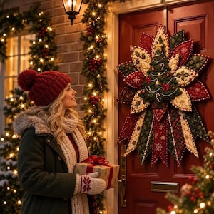 May include: A fabric Christmas wreath shaped like a large poinsettia flower with a central green tree motif, featuring red, green, and cream quilted petals with gold stitching, hanging on a red door with a gold handle and mail slot.