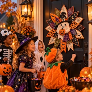 May include: A fabric Halloween wreath featuring a central white ghost wearing a black witch hat and holding a small orange pumpkin, surrounded by layered, multi-colored fabric petals with patterns of spiderwebs, bats, and stars.