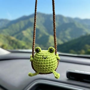 Handmade Crochet Frog Car Charm, Kawaii Swinging Ornament, Boho Rearview Mirror Decor