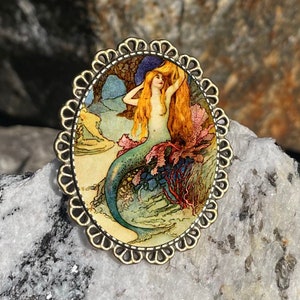 Goble Mermaid Brooch Pinback Pin Back Art Nouveau Art Deco Style Bronze Brass