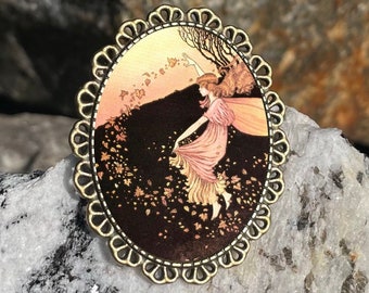 Fairy Autumn Leaves Brooch Pinback Pin Back Storybook Art Deco Style Bronze Brass